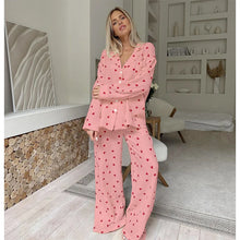 Load image into Gallery viewer, Summer New Love Heart Print Pyjama 100% Cotton Long Sleeve Set 2Pcs Outfit Lapel Sleepwear Button Down Women's Pajamas Nightwear