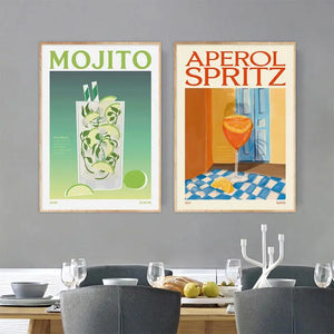 Cartoon Fruit Juice Posters - Mojito, Aperol Spritz, Sangria, Negroni - Bar Home Decor