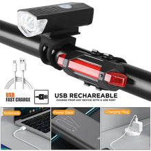 Load image into Gallery viewer, USB Rechargeable Bike Light Set Front and Rear 3 Modes Easy Install Bicycle Light