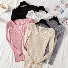 Load image into Gallery viewer, Autumn Winter Women Sweaters Casual Long Sleeve Knitted V Neck Pullover Sweater Femme Basic Solid Jersey Tops Fashion Clothes