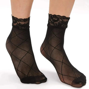 Vintage Lace Women's Ankle Socks Summer Mesh Transparent Lolita Black 5 Pairs
