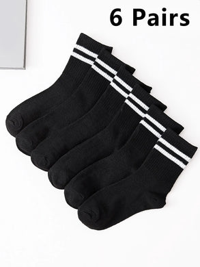 6 Pairs Men's High Tube Mid-Length Socks Set Solid Black White Athletic Sweat Absorb