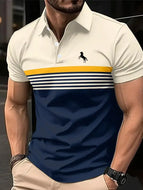 Men'S Casual Short Sleeve Polo Shirt with 3D Horse Print Striped Color Block Design Sporty Style Collared Golf Shirt for Summer