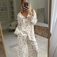 Load image into Gallery viewer, Summer New Love Heart Print Pyjama 100% Cotton Long Sleeve Set 2Pcs Outfit Lapel Sleepwear Button Down Women's Pajamas Nightwear