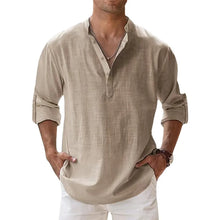 Load image into Gallery viewer, Men&#39;s Casual Cotton Linen Henley Beach Shirts - Lightweight Long Sleeve Hawaiian Tee