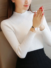 Load image into Gallery viewer, 2025 Autumn Women Mock Neck Ruffles Sweater Long Sleeve Knitted Bottoming Solid Pullovers Stripe Women Casual Sweater Winter