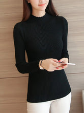 Load image into Gallery viewer, 2025 Autumn Women Mock Neck Ruffles Sweater Long Sleeve Knitted Bottoming Solid Pullovers Stripe Women Casual Sweater Winter