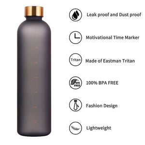 1L Reusable Water Bottle - BPA Free with Time Marker - Leakproof, Frosted Plastic, 32 OZ