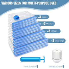Load image into Gallery viewer, 12-Pack Vacuum Compression Storage Bags for Clothes, with Electric Pump - Reusable Space Saver Bags for Travel, Duvets Storage