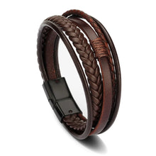 Load image into Gallery viewer, Men Multilayer Leather Bracelet Stainless Steel Braided Rope 21cm