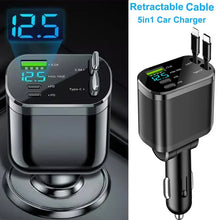 Load image into Gallery viewer, NEW Upgraded Retractable Car Charger 5 in 1, 69W Fast Charging PD30W+2.4A Voltage Display Dual Cables for iPhone &amp; Android