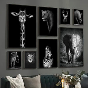 Black and White Animal Poster Lion Elephant Canvas Painting for Living Room Decor