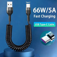 Load image into Gallery viewer, USB Type C 66W Car 5A Fast Charging Type C to Type C Spring Telescopic Cable For iPhone 15 Samsung Huawei Xiaomi Redmi OnePlus