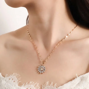 Luxury Flower Pendant Necklace: Gold Titanium Chain Zirconia Inlaid Jewelry