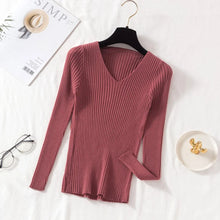 Load image into Gallery viewer, Autumn Winter Women Sweaters Casual Long Sleeve Knitted V Neck Pullover Sweater Femme Basic Solid Jersey Tops Fashion Clothes