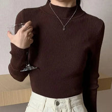 Load image into Gallery viewer, Autumn Winter Mock Neck Women Sweater Vintage Basic Solid Knitted Tops Casual Slim Pullover Korean Sweaters Simple Chic Jumpers