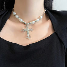 Load image into Gallery viewer, Handmade Faux White Gold Cross Pendant Necklace Hip Hop Punk Faux Pearls Collar