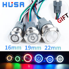 Load image into Gallery viewer, 16 19 22mm With Wire Waterproof Metal Push Button Switch  LED Ring/Power Light Momentary Latching   5/12/24/220V silver1NO1NC