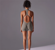 Load image into Gallery viewer, Solid color high-intensity nude tight fitting sports back jumpsuit yoga suit tight fitting running fitness suit