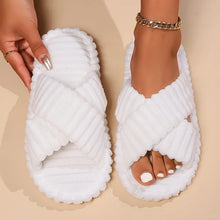 Load image into Gallery viewer, Women Corduroy Cross Strap Home Slippers Men Soft Warm Flat Slides Family Indoor Fashion Concise Plush Sandals For Four Seasons