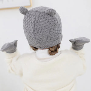 2Pcs Baby Knit Gloves & Hat Set - Solid Color - Beanie Cap with Ear Protection - Warm Winter