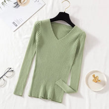 Load image into Gallery viewer, Autumn Winter Women Sweaters Casual Long Sleeve Knitted V Neck Pullover Sweater Femme Basic Solid Jersey Tops Fashion Clothes