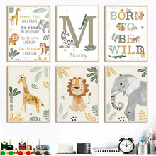 Load image into Gallery viewer, Customized Baby Name Poster Jungle Animals Lion Zebra Elephant Canvas Painting Kis Bedroom Wall Art Print Pictures Nursery Decor