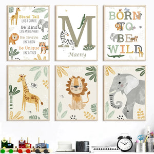 Customized Baby Name Poster Jungle Animals Lion Zebra Elephant Canvas Painting Kis Bedroom Wall Art Print Pictures Nursery Decor