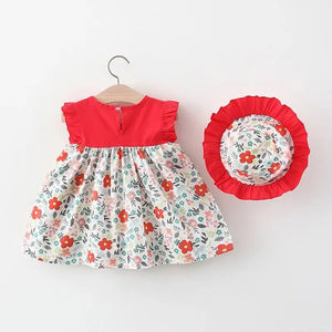 Summer Baby Girl Floral Dress Set with Sun Hat, Sleeveless Cotton Newborn Outfit