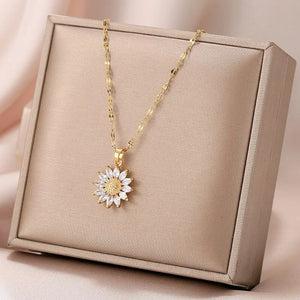 Luxury Flower Pendant Necklace: Gold Titanium Chain Zirconia Inlaid Jewelry