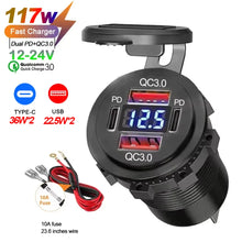 Load image into Gallery viewer, NEW 117W Dual PD Dual QC 3.0 USB Car Charger with Voltmeter Socket Power Outlet Adapter Waterproof for 12V/24V Car Boat Hot Sale