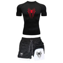 Load image into Gallery viewer, Men's Workout Compression Set Y2K Spider Printed Gym Tshirts Breathable Running Shorts Quick Dry Sports Rash Guard Sportwear Set