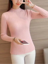 Load image into Gallery viewer, 2025 Autumn Women Mock Neck Ruffles Sweater Long Sleeve Knitted Bottoming Solid Pullovers Stripe Women Casual Sweater Winter