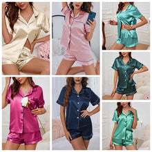 Load image into Gallery viewer, Luxurious Satin Pajama for Women Sleepwear Summer Short Sleeve Tops with Button-Up Lapel Collar &amp; Shorts Pyjama Femme Lounge Set