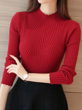 Load image into Gallery viewer, 2025 Autumn Women Mock Neck Ruffles Sweater Long Sleeve Knitted Bottoming Solid Pullovers Stripe Women Casual Sweater Winter