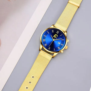 Fashion Mens Calendar Watches Luxury Gold Mesh Belt Quartz Watch Set Business Wristwatch