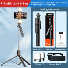 Load image into Gallery viewer, F16 Selfie Stick Tripod with 1708mm Long 8-Section Pole, Bluetooth Remote, 360° Rotation, 1/4 Interface, for Phone Camera Vlog