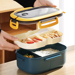 Portable Double-Layer Lunch Box Microwave Food Storage Container with Fork and Spoon