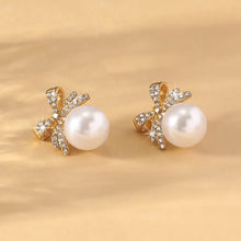 Load image into Gallery viewer, 2 Women's Silver Needle Bow Studded With Diamond Pearl Earrings, Fashionable And Niche Design, High-end And Refreshing Earrings