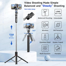 Load image into Gallery viewer, F16 Selfie Stick Tripod with 1708mm Long 8-Section Pole, Bluetooth Remote, 360° Rotation, 1/4 Interface, for Phone Camera Vlog