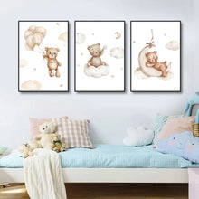 Load image into Gallery viewer, Set of 3 Frameless Cartoon Bear Balloon Cloud Nursery Wall Art Canvas Posters