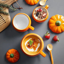 Load image into Gallery viewer, Pumpkin Cup with Lid &amp; Spoon – Creative Ceramic Water Cup for Breakfast &amp; Oatmeal