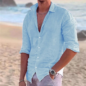 2024 Men's Cotton Linen Polo Shirt - Casual Long Sleeve Solid Hawaiian Beach Shirt