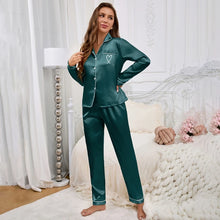 Load image into Gallery viewer, Women's Home Clothes Satin Pajama Autumn Long Sleeve Pocket Heart-shaped Embroidery Tops &amp; Pants Pyjama Femme Loungewear Pj Set