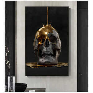 Abstract Metal Skull Wall Art - Black Gold Printed Canvas Poster for Home Decor