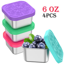 Load image into Gallery viewer, 4Pcs 2/6oz Snack Container Stainless Steel Salad Box with Silicone Lids Leakproof Portable Stackable Dressing Food Storage Box