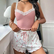 Load image into Gallery viewer, Women Pajama Set Lace Patchwork V-Neck Sleepwear Sexy Nighties Suit Camisole Top Printed Shorts Soft Pyjamas Loungewear