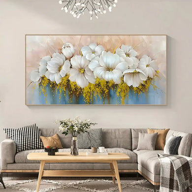 Scandinavian Luxury Wall Art Large White Floral Gold Leaf Abstract Poster Print