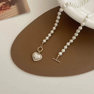 Elegant Pearl Necklace for Women Heart Pendant Chain Korean Jewelry Girls Gifts