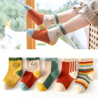 Cute Cartoon Kids Socks - 5 Pairs Warm Knit Floral Short Socks